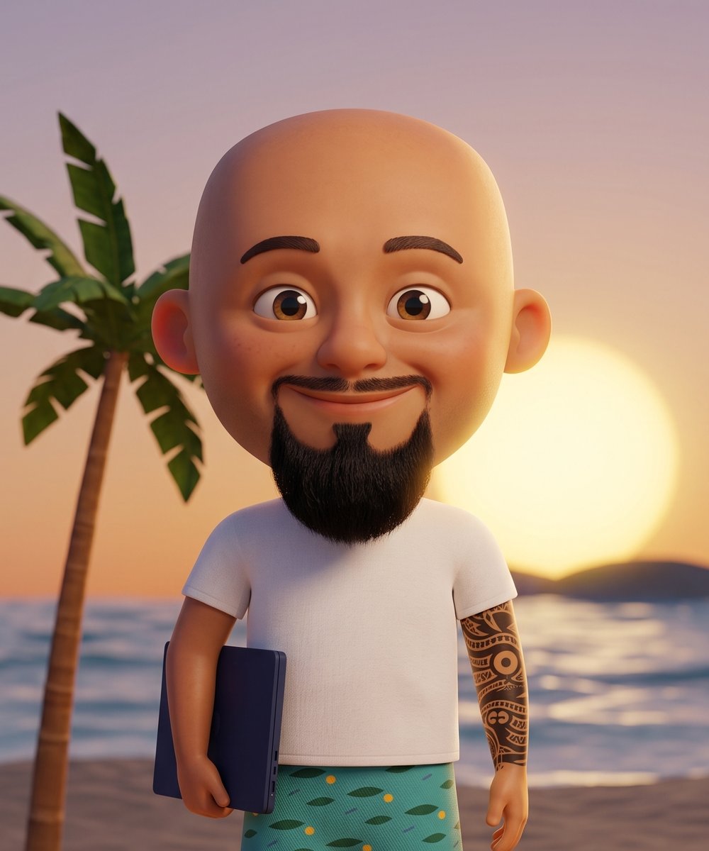 Illustrated avatar of Ronnie Masong, virtual assistant for accounting and insurance firms, on a Cebu beach at sunset