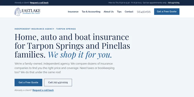 East Lake Insurance and Taxes homepage concept with a clear Get a Free Quote button