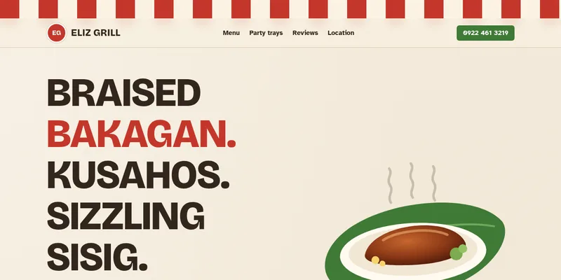 ELIZ Grill restaurant website concept: bold menu headline and a sizzling bakagan illustration